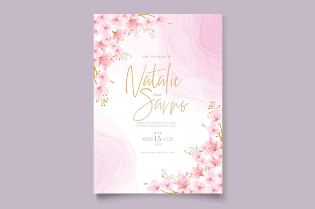 Watercolor cherry blossom floral and leaves card set