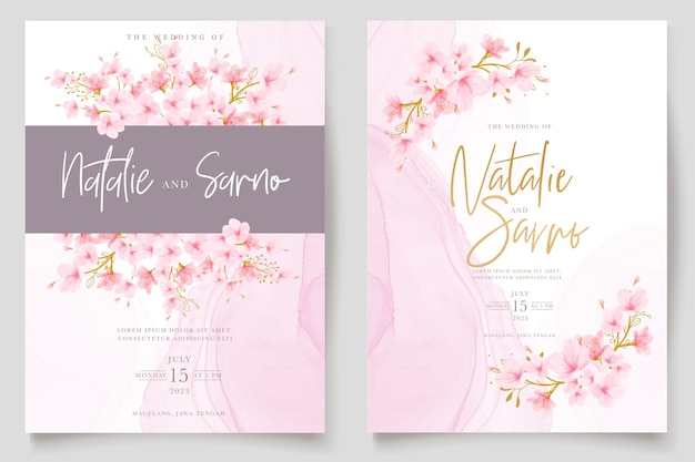 Watercolor cherry blossom floral and leaves card set