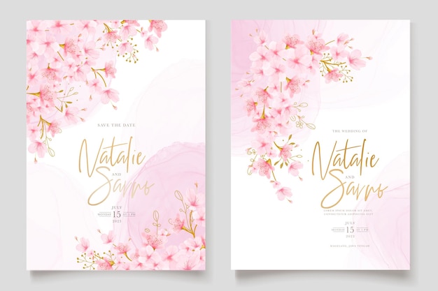 Watercolor cherry blossom floral and leaves card set