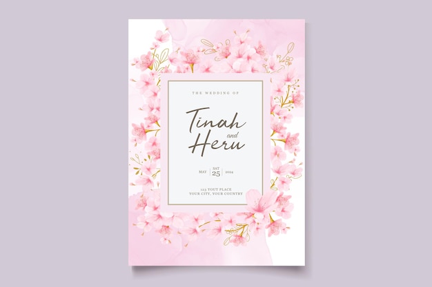 Watercolor cherry blossom floral and leaves card set