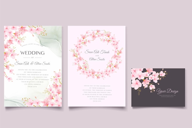 Watercolor cherry blossom floral and leaves card set