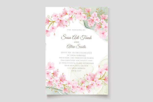 Watercolor cherry blossom floral and leaves card set