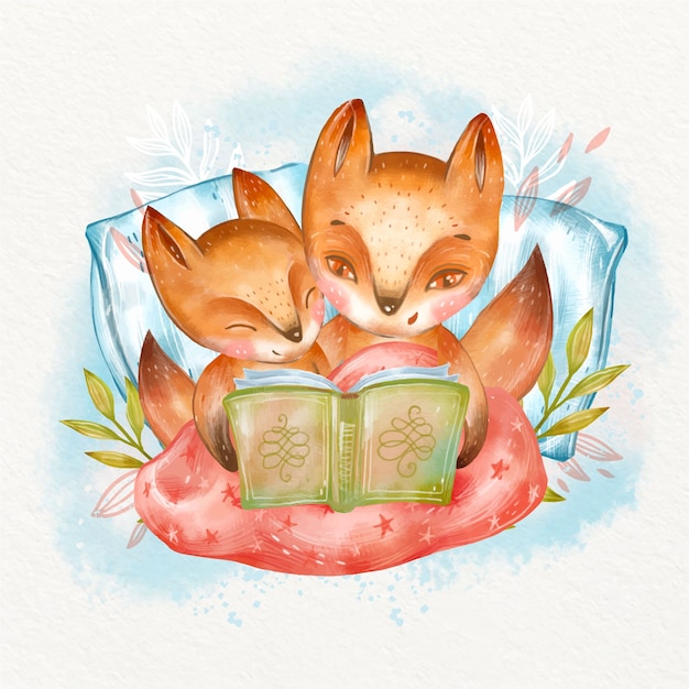 Free vector watercolor childlike animals reading illustration