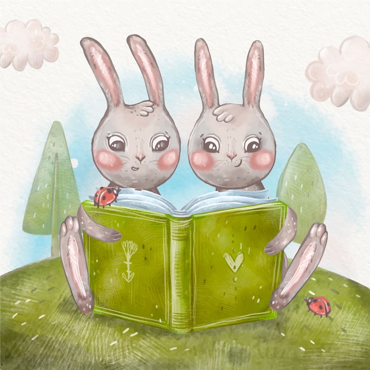 Free Vector watercolor childlike animals reading illustration