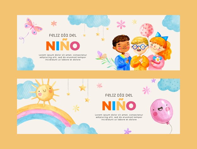 Watercolor children's day in spanish horizontal banners pack