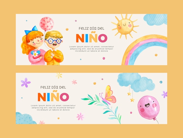 Free vector watercolor children's day in spanish horizontal banners pack