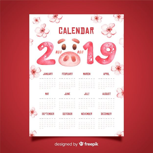 Free vector watercolor chinese new year 2019 calendar