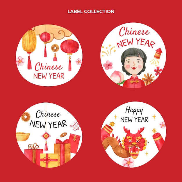 Watercolor chinese new year badges collection