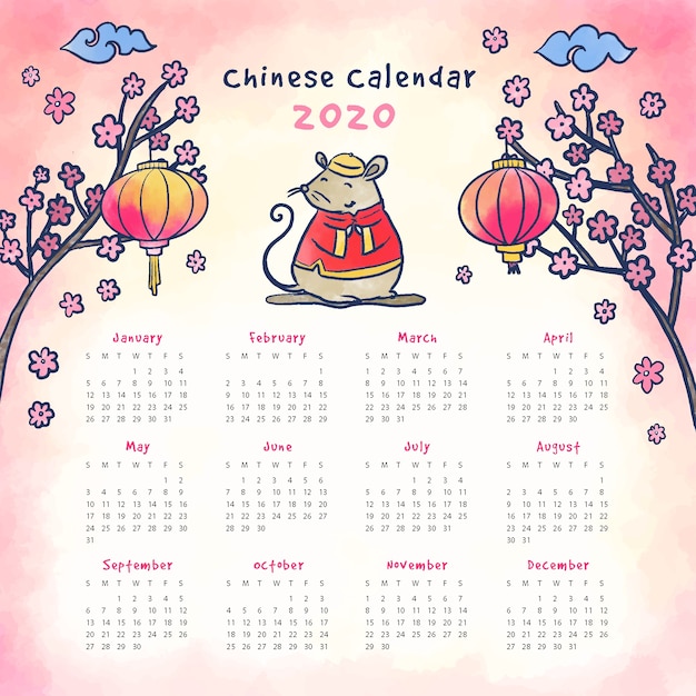 Calendario cinese dell'acquerello di nuovo anno