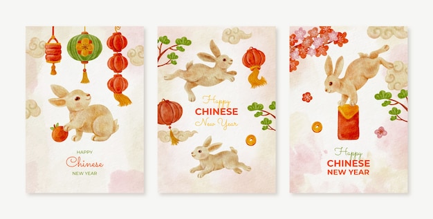 Коллекция поздравительных открыток с акварелью на китайский новый год