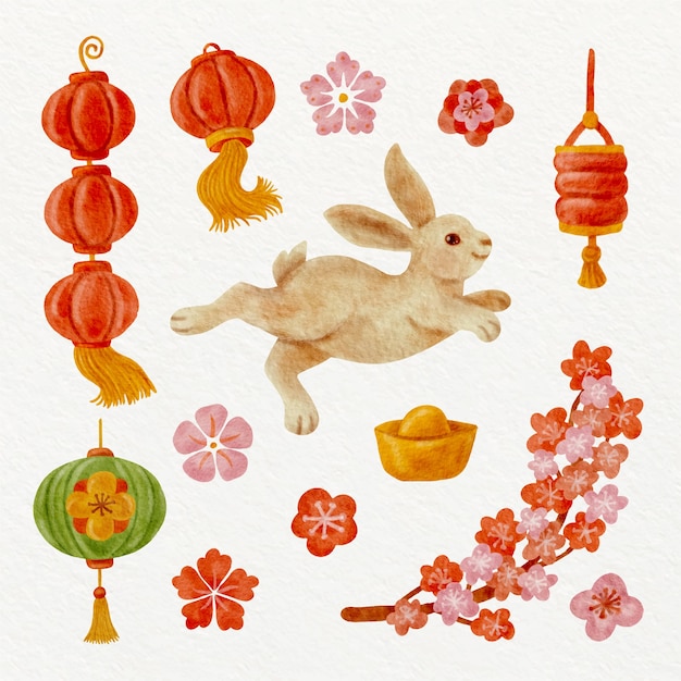 Коллекция украшений для празднования китайского нового года акварелью
