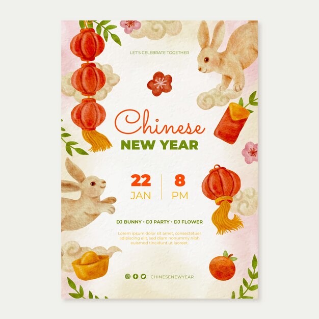 Акварель празднование китайского нового года вертикальный шаблон флаера