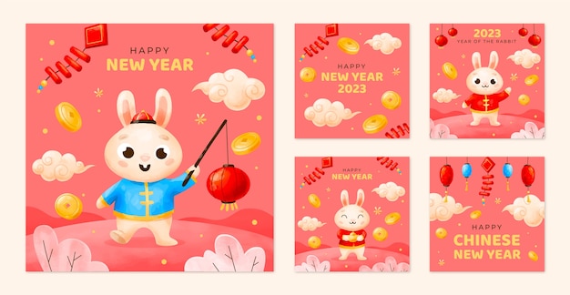 Free vector watercolor chinese new year instagram posts collection