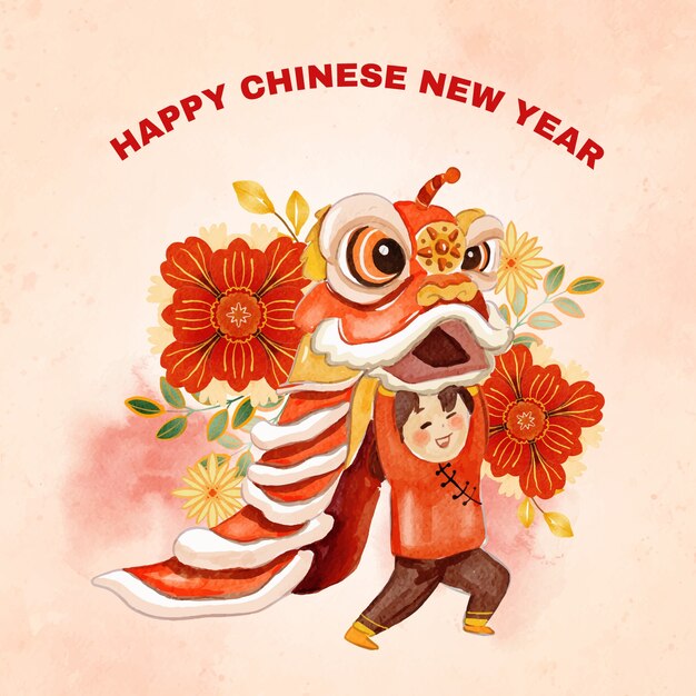 Watercolor chinese new year lion dance illustration