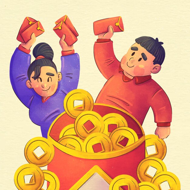 Акварель китайский новый год счастливые деньги иллюстрация