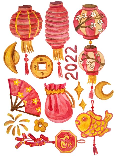 Watercolor chinese new year ornaments 2022