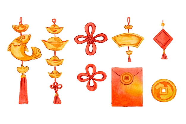 Vettore gratuito collezione di ornamenti di capodanno cinese dell'acquerello