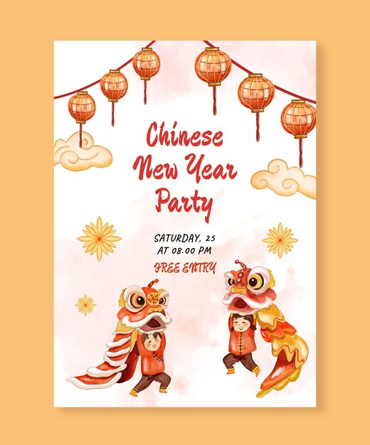 Watercolor chinese new year vertical poster template
