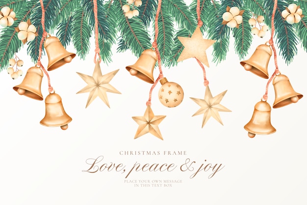 Free vector watercolor christmas background with golden ornaments