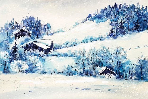 Watercolor christmas background with landscape