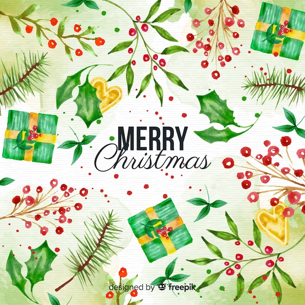 Free vector watercolor christmas background with presents and mistletoe