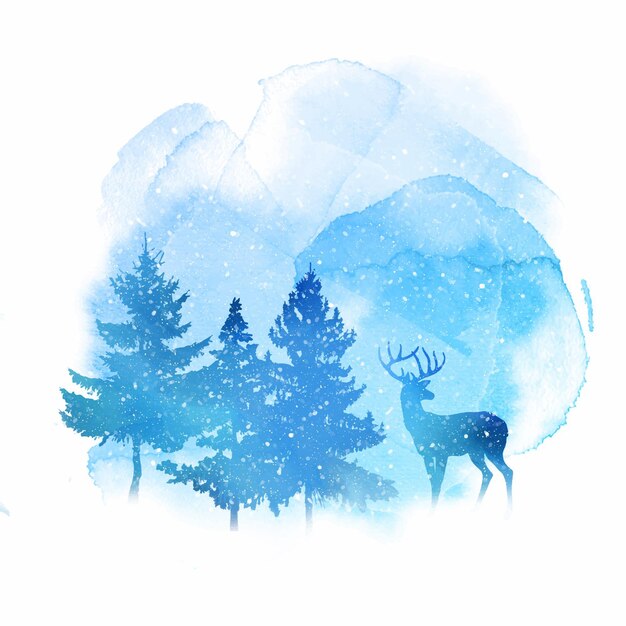 Акварельный новогодний фон с оленями и деревьями