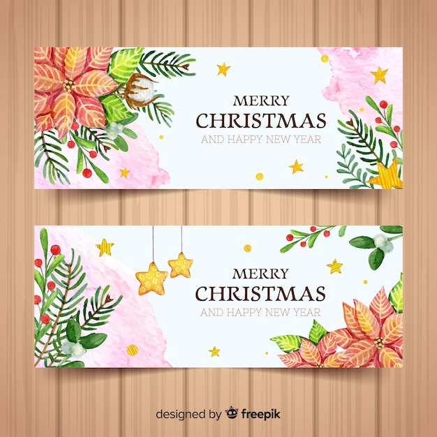 Watercolor christmas banner set with flowers and leaves