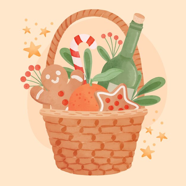 Watercolor christmas basket illustration