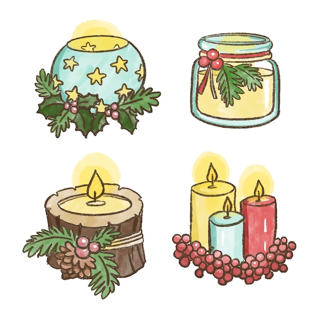 Free vector watercolor christmas candle collection