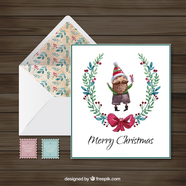 Free vector watercolor christmas card with envelope