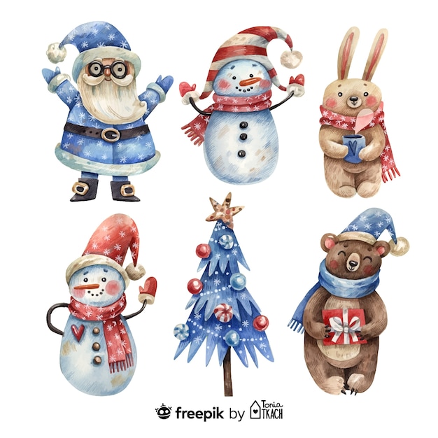 Watercolor christmas characters and animal set