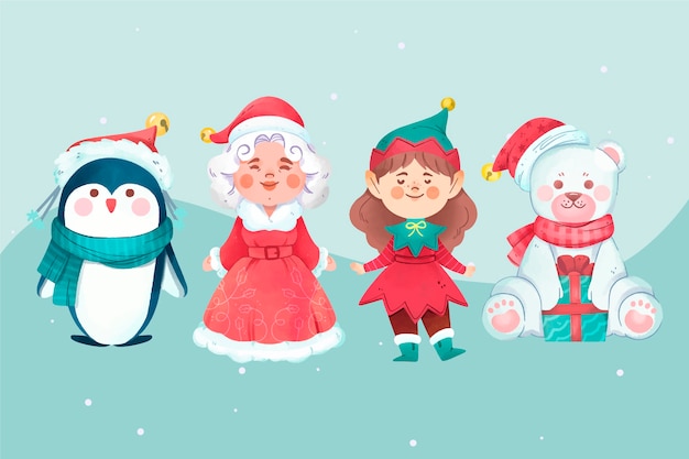 Watercolor christmas characters set