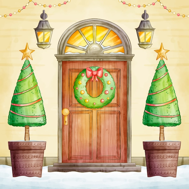 Free vector watercolor christmas door illustration