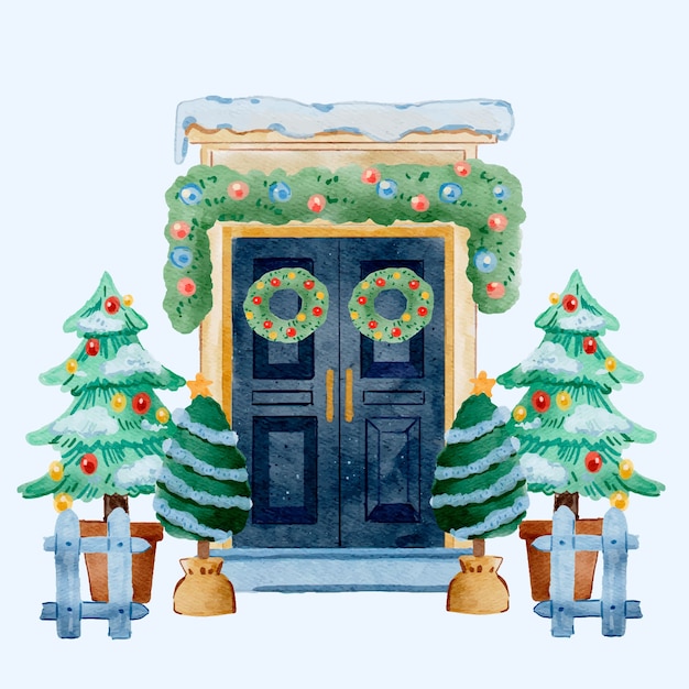 Watercolor christmas door illustration