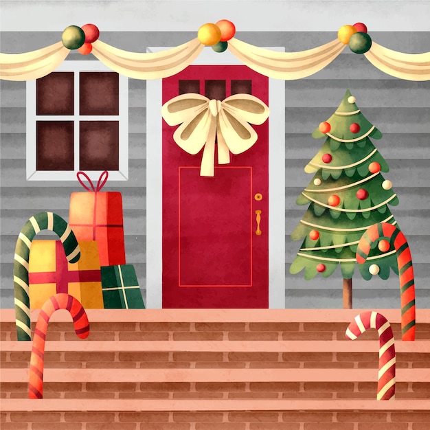 Free vector watercolor christmas door illustration