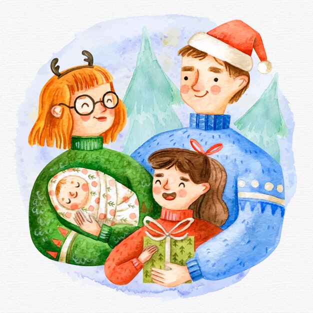 Watercolor christmas family scene