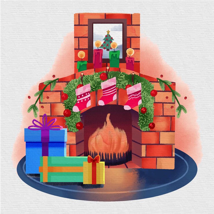 Free Vector watercolor christmas fireplace scene