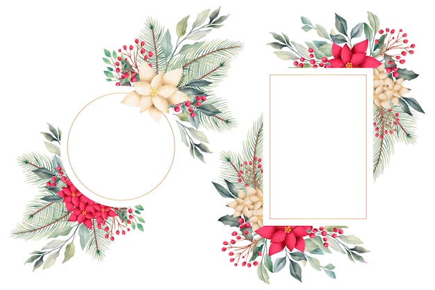 Watercolor Christmas floral frames with winter nature