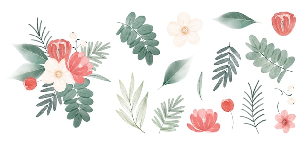 Free vector watercolor christmas flower and leaves collection
