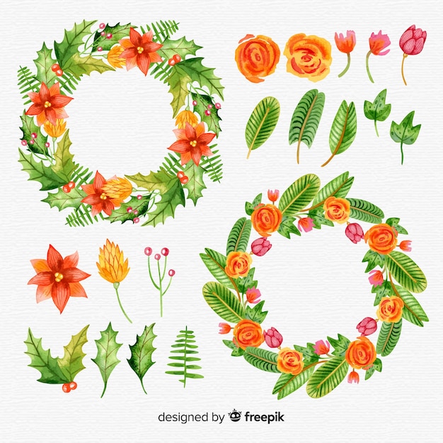 Free vector watercolor christmas flower and wreath collection