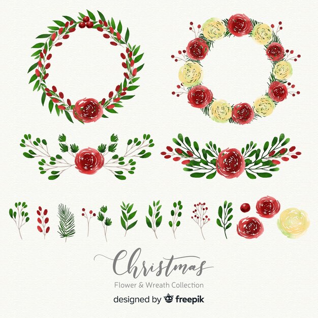 Watercolor christmas flower and wreath collection
