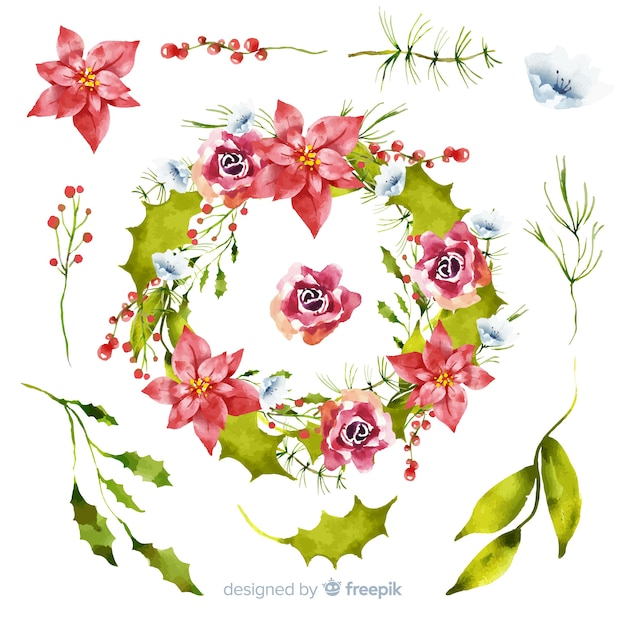 Бесплатное векторное изображение Акварель рождественская коллекция цветов и венков