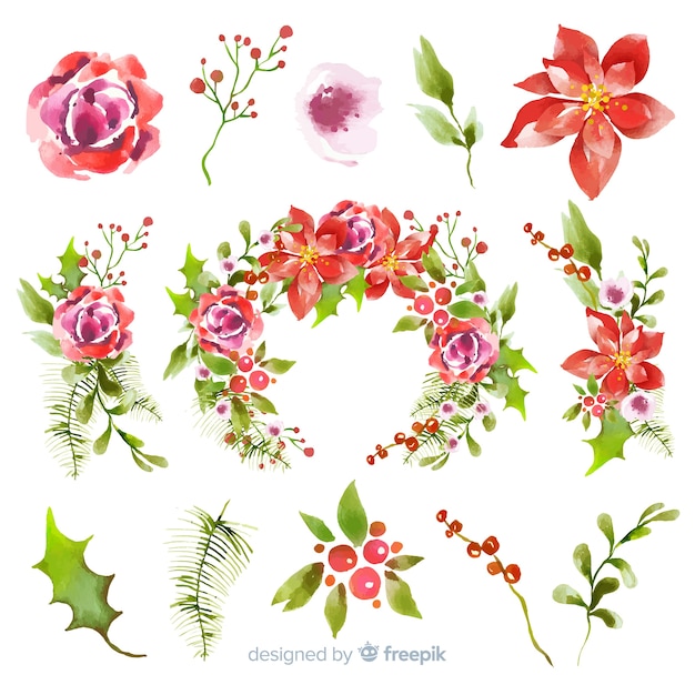 Free vector watercolor christmas flower & wreath collection