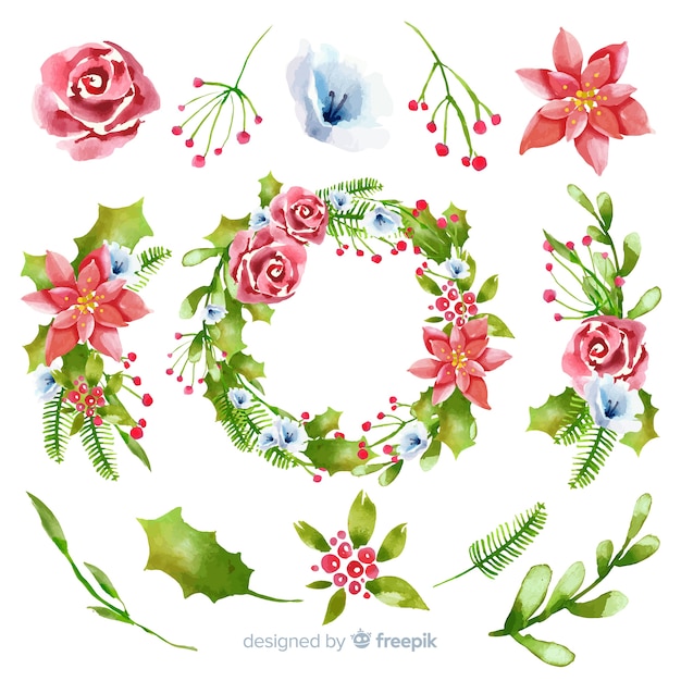 Watercolor christmas flower & wreath collection