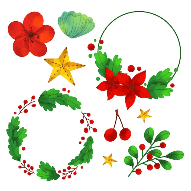 Бесплатное векторное изображение Акварель рождественская коллекция цветов и венков