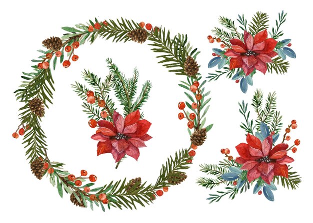 Watercolor christmas flower and wreath collection