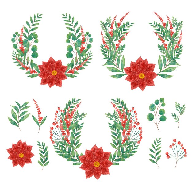 Watercolor christmas flower and wreath collection