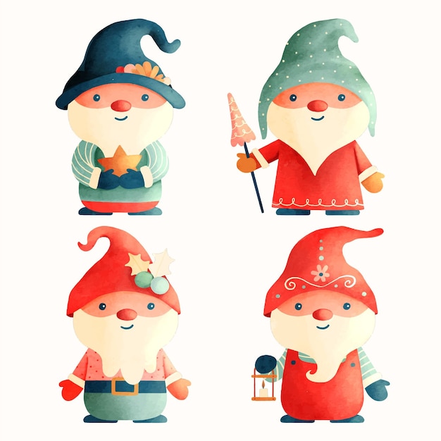 Free vector watercolor christmas gnomes collection