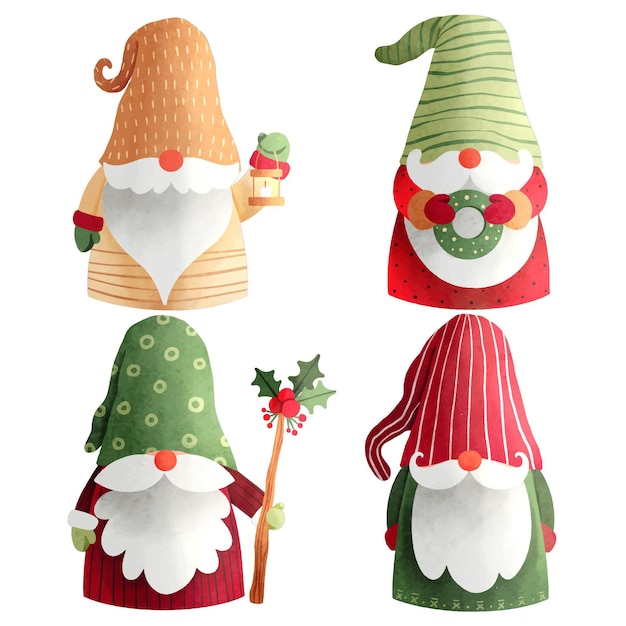 Free vector watercolor christmas gnomes collection