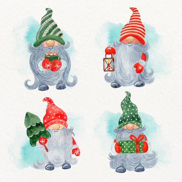 Watercolor christmas gnomes collection